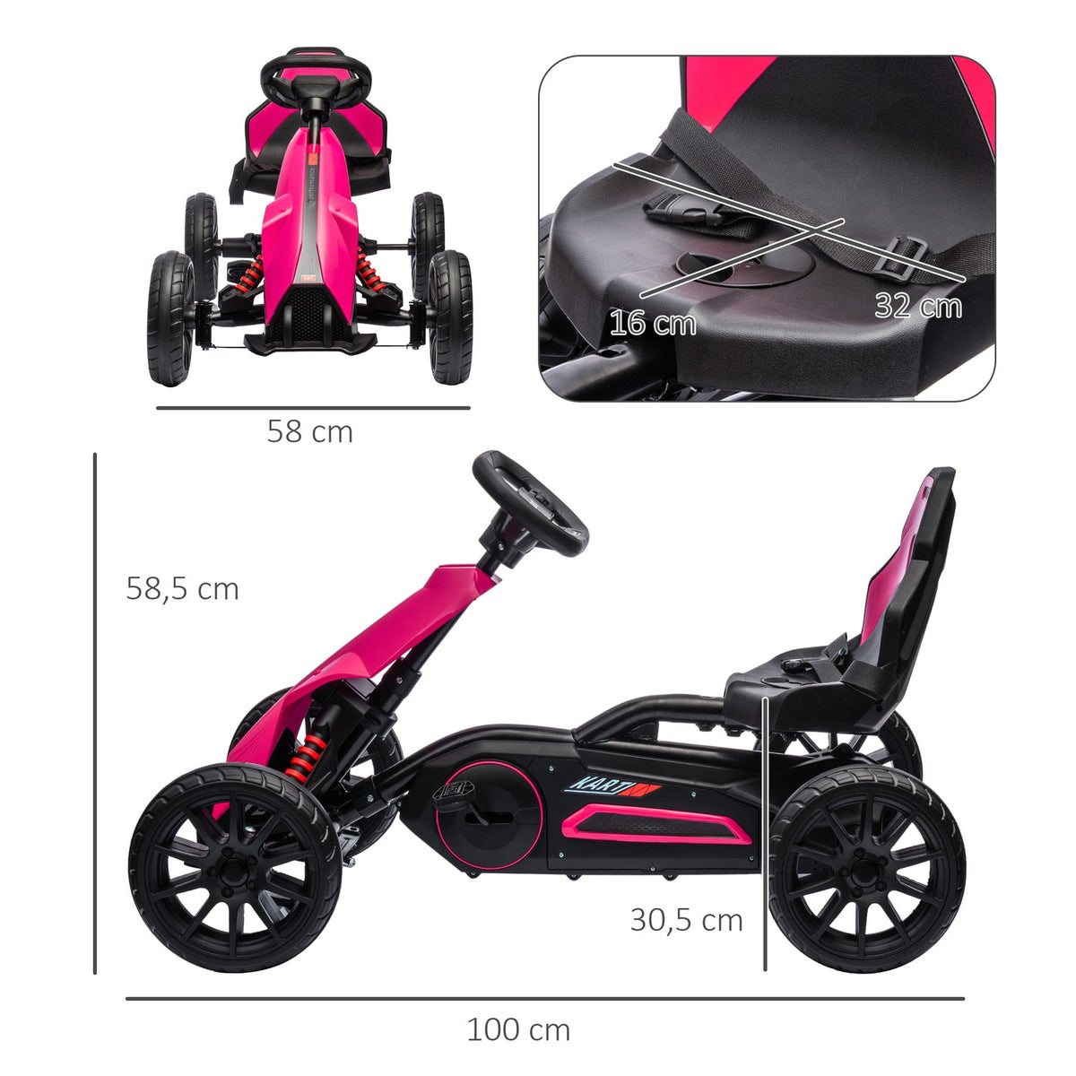 Go-kart pedal car with handbrake, adjustable seat, forward and reverse gear, pedal vehicle children's vehicle Kettcar for children 3-8 years pink