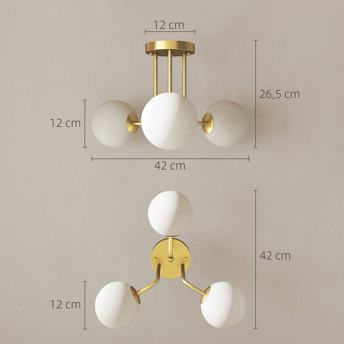 Gold Ceiling Light with Globe Shades, 3 G9 Sockets