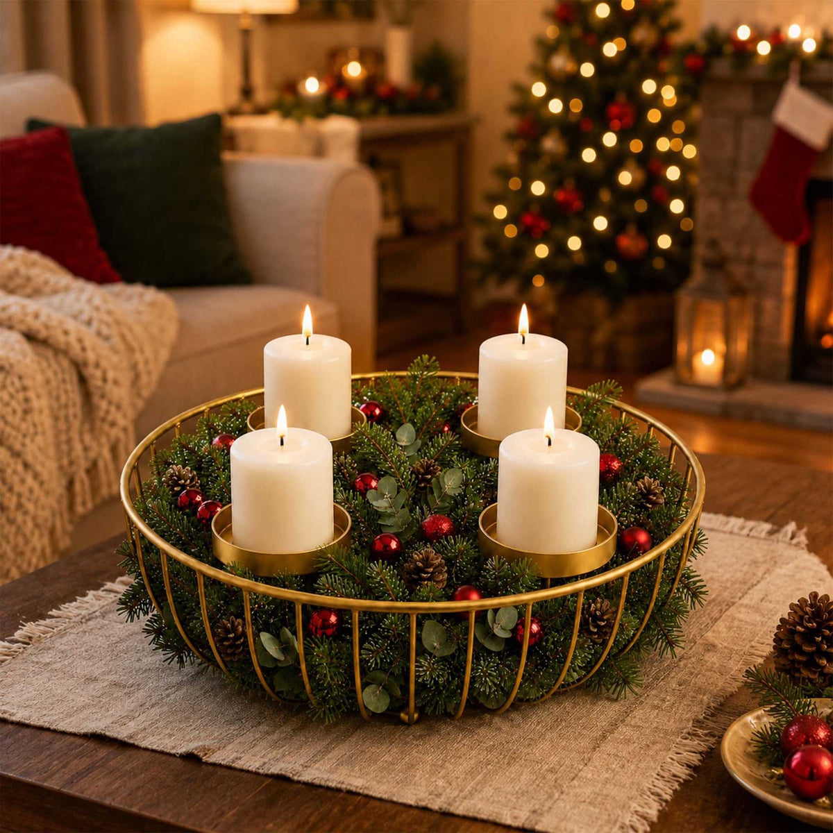 Gold Metal Advent Wreath Bowl, 33 cm Steel Holder