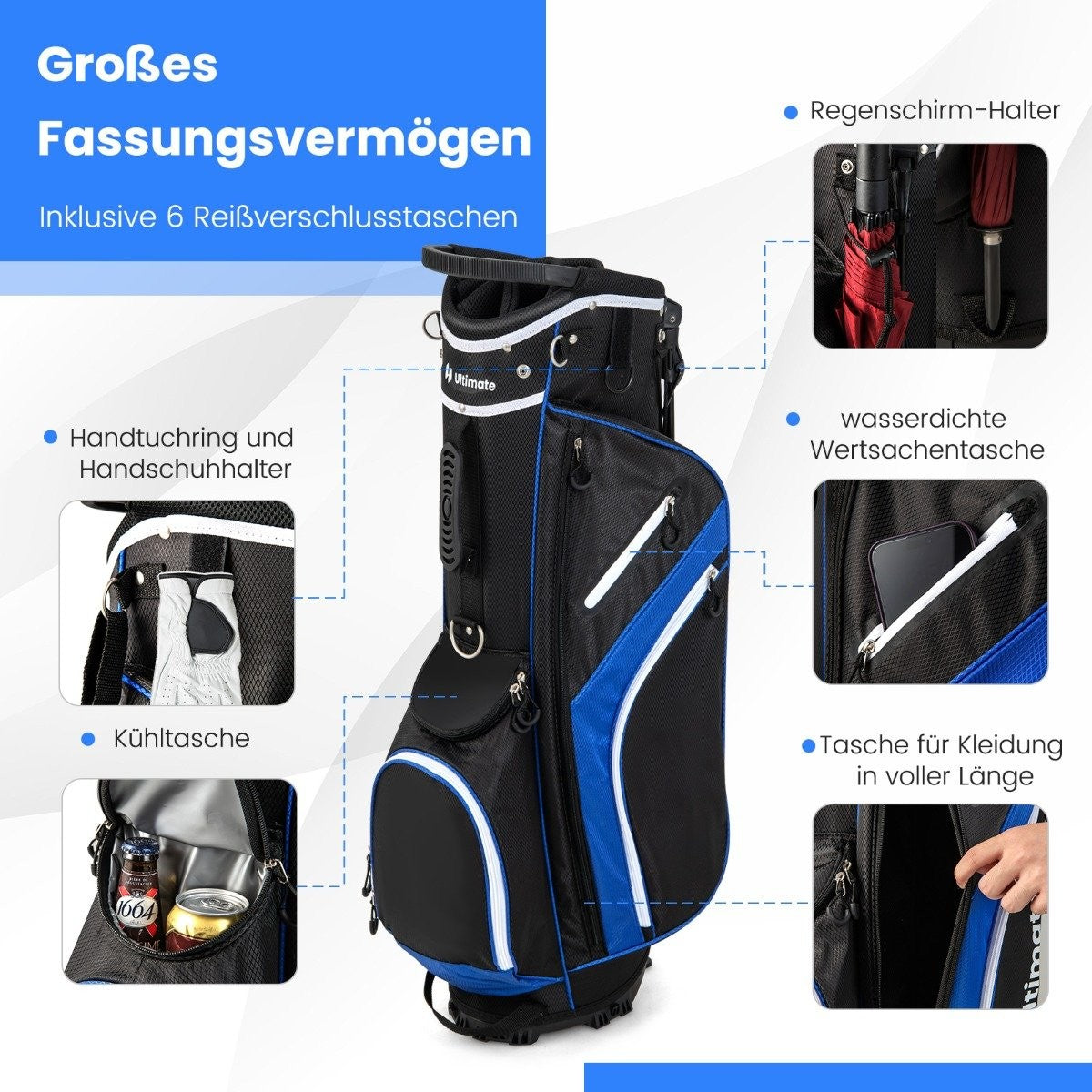 Golf Bag with 14-Way Divider, 6 Pockets, Rain Cover, Blue