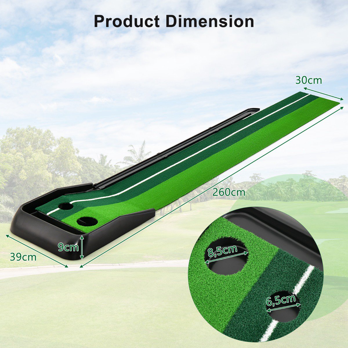 Golf Putting Mat 250 cm, Auto Ball Return, 2 Holes