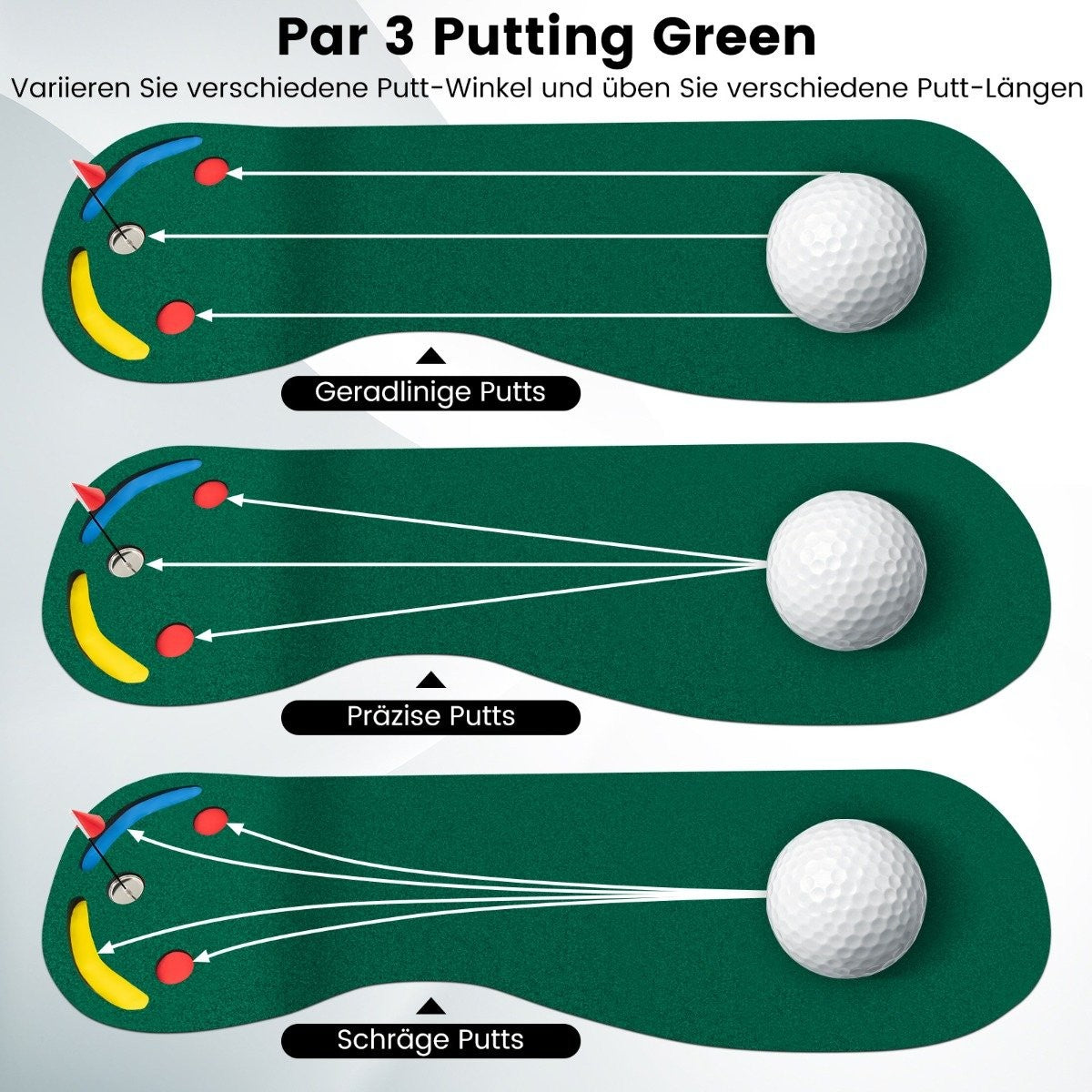 Golf Putting Mat 300x96 cm with 3 Cups & Flag