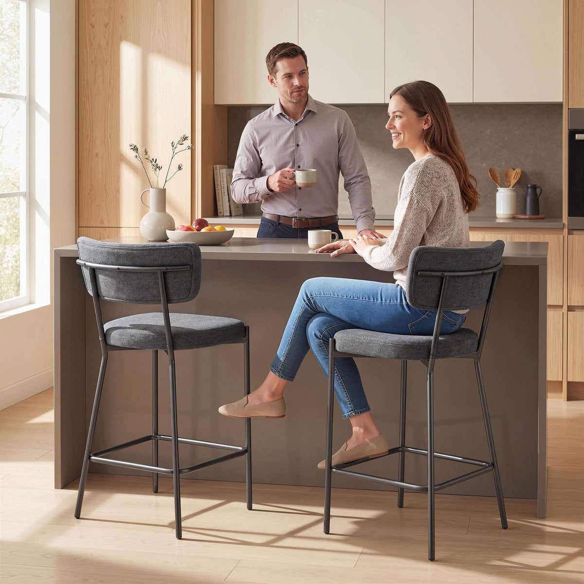 Gray Bar Stools Set of 2, Curved Back, Metal Frame