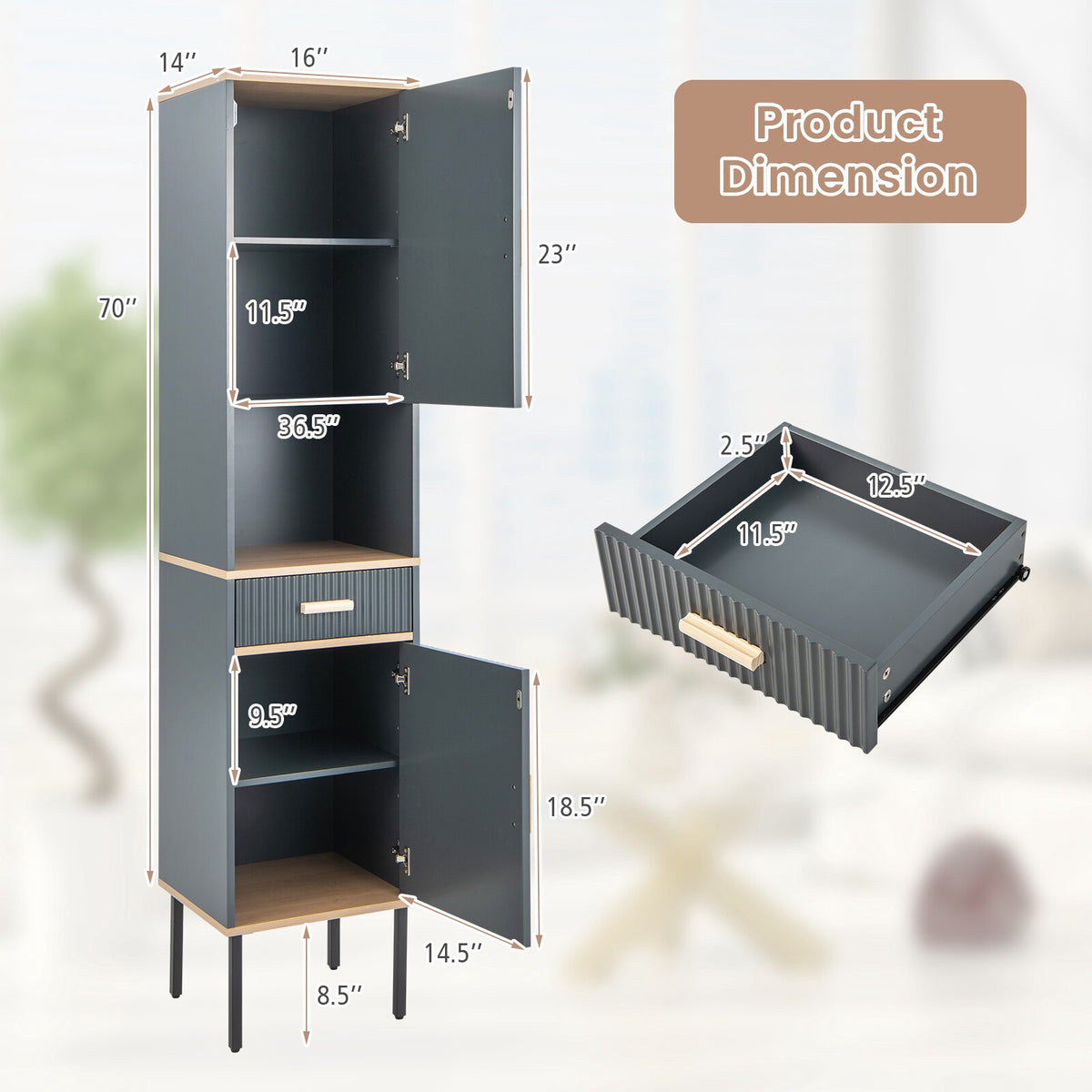 Gray Narrow Bathroom Cabinet with Doors and Drawer