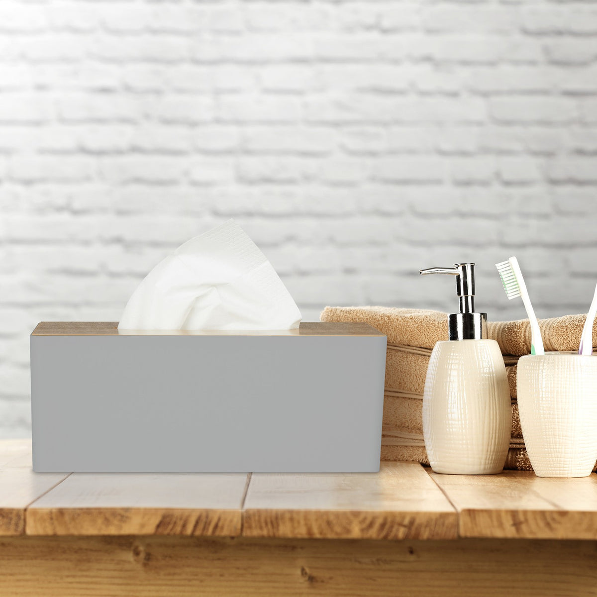 Gray tissue box with bamboo lid