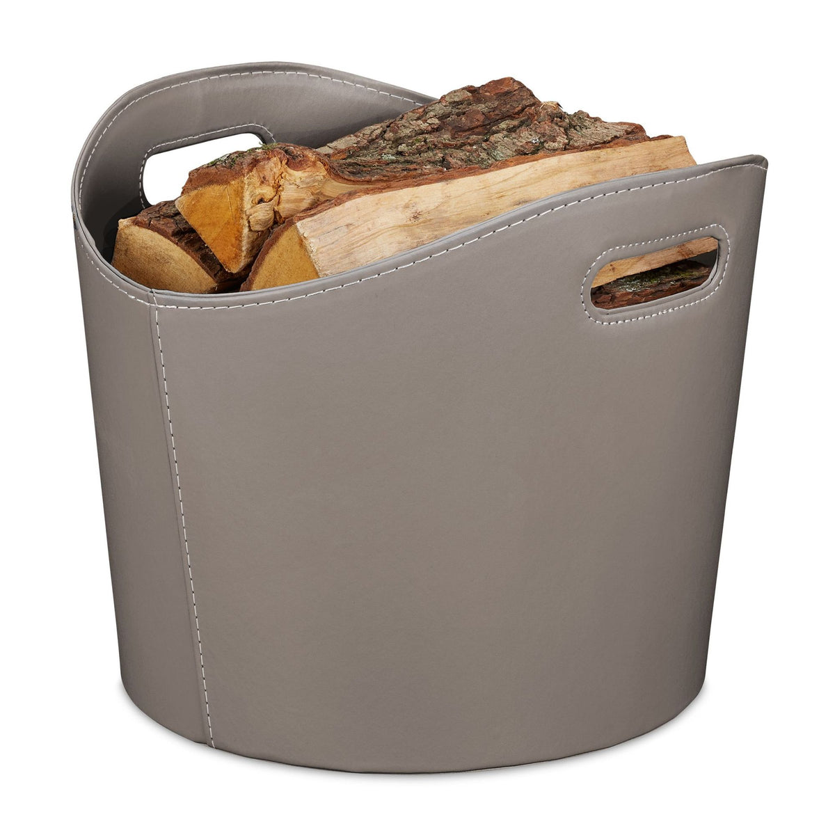 Gray wooden basket in imitation leather