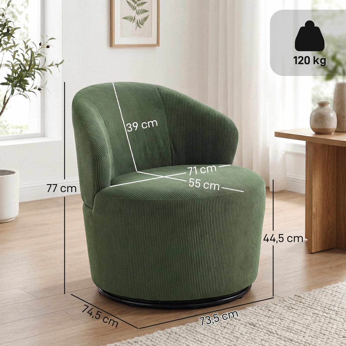 Green Corduroy Swivel Chair, 360 Rotation, Ergonomic Back