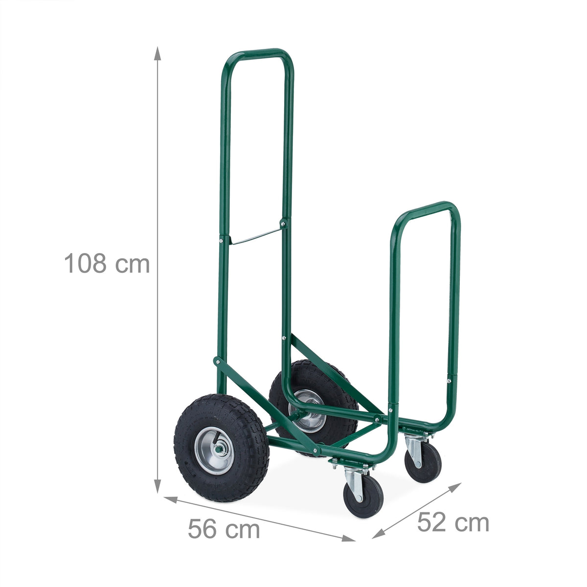 Green firewood cart with pneumatic tires