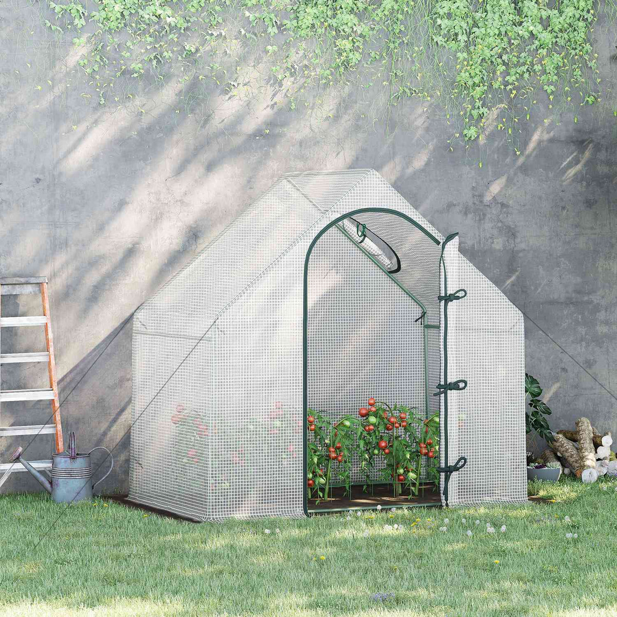 Greenhouse, 180 x 100 x 168 cm film greenhouse with roller door, greenhouse, tomato house with top window, PE grid film, winterproof plant house for garden, balcony, white