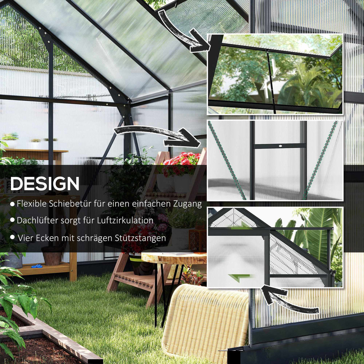 Greenhouse 190x252x201 cm, Polycarbonate, Sliding Door, Roof Vent