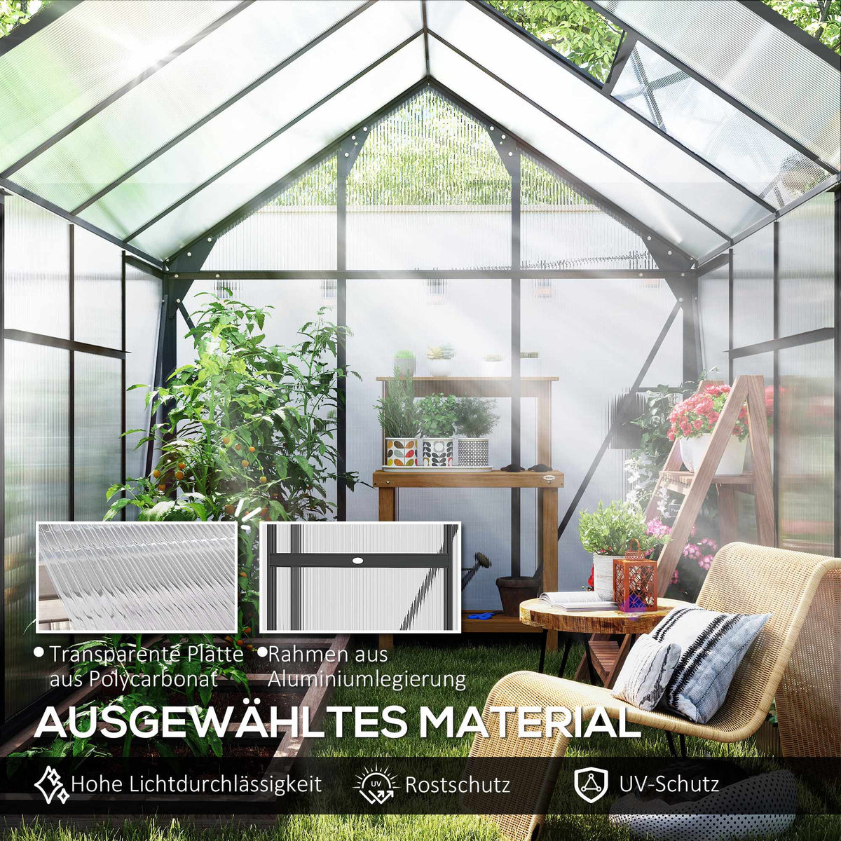 Greenhouse 190x252x201 cm, Polycarbonate, Sliding Door, Roof Vent