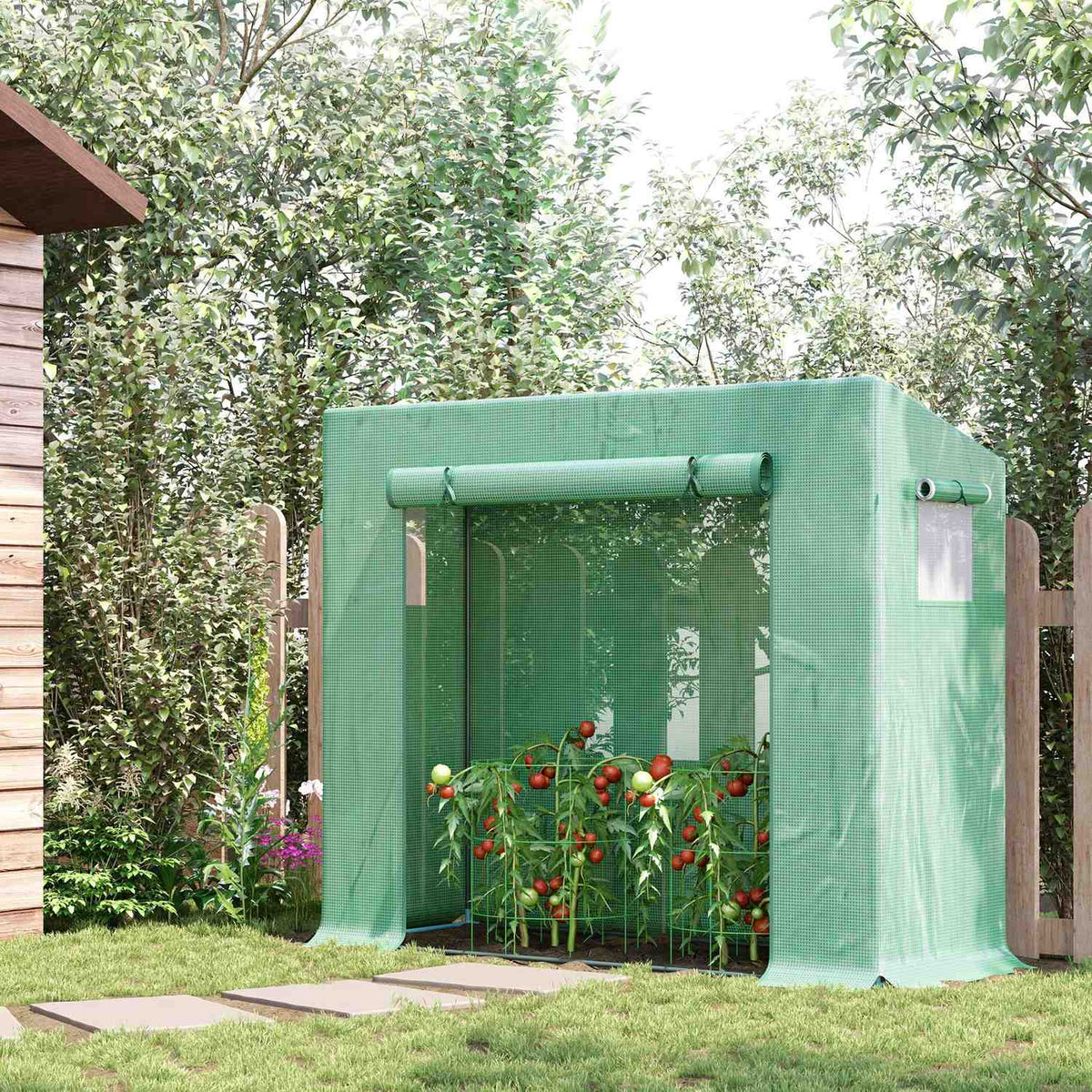 Greenhouse, 200 x 76 x 168 cm film greenhouse with roller door, greenhouse, tomato house with side window, PE grid film, winterproof plant house for garden, balcony, green