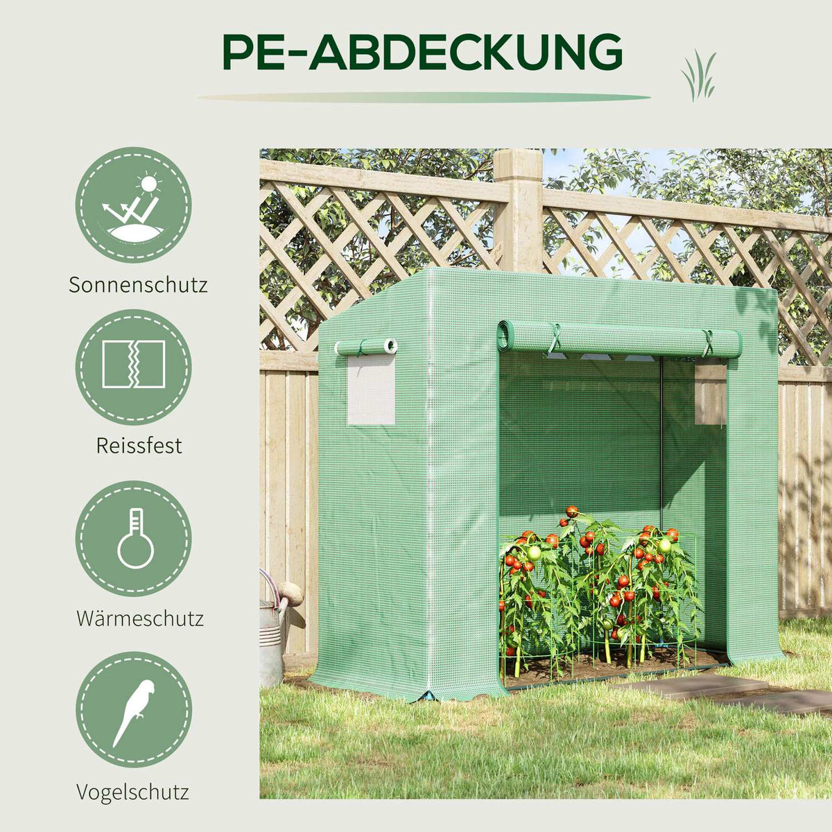 Greenhouse, 200 x 76 x 168 cm film greenhouse with roller door, greenhouse, tomato house with side window, PE grid film, winterproof plant house for garden, balcony, green