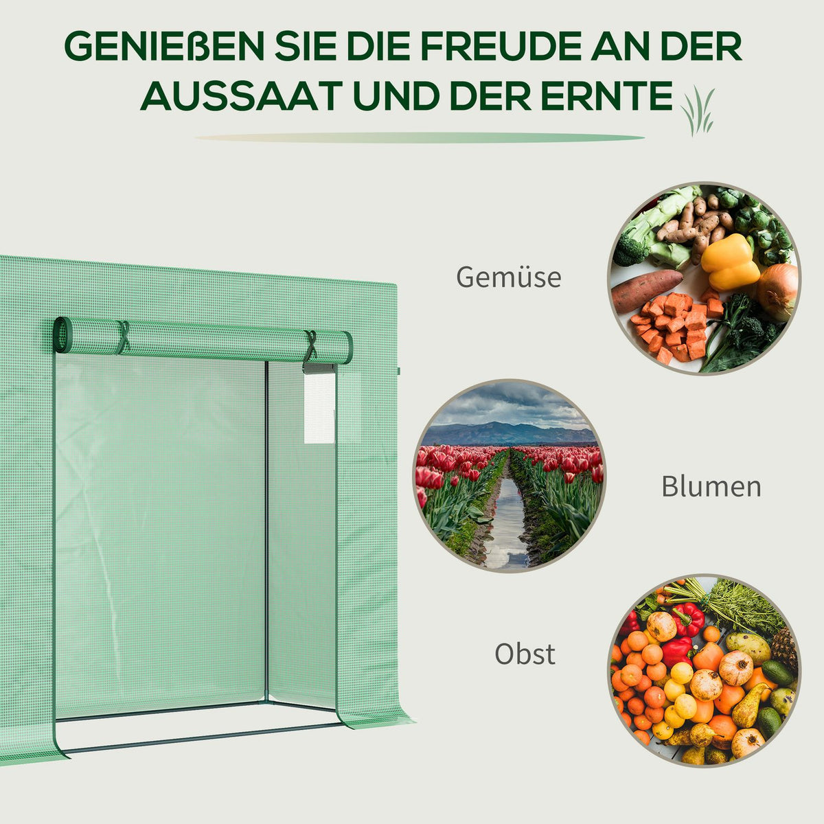 Greenhouse, 200 x 76 x 168 cm film greenhouse with roller door, greenhouse, tomato house with side window, PE grid film, winterproof plant house for garden, balcony, green