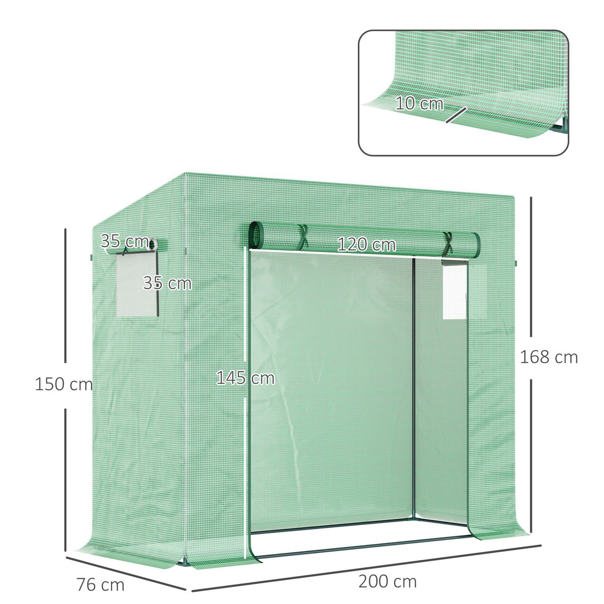 Greenhouse, 200 x 76 x 168 cm film greenhouse with roller door, greenhouse, tomato house with side window, PE grid film, winterproof plant house for garden, balcony, green