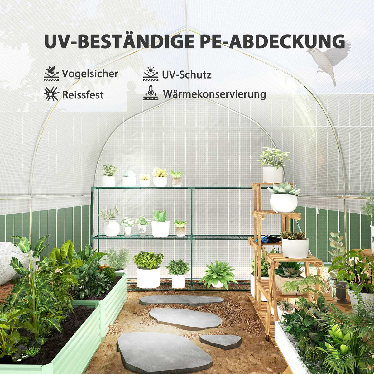 Greenhouse 3 x 2 x 2 m film greenhouse with 4 windows & door, roll-up side walls, UV-resistant film tunnel tomato house with galvanized steel frame, white