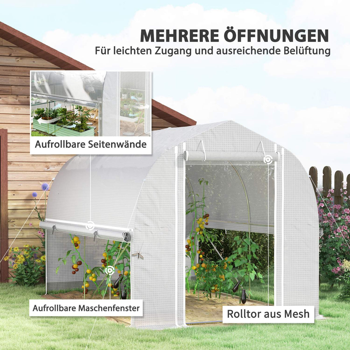 Greenhouse 3 x 2 x 2 m film greenhouse with 4 windows & door, roll-up side walls, UV-resistant film tunnel tomato house with galvanized steel frame, white