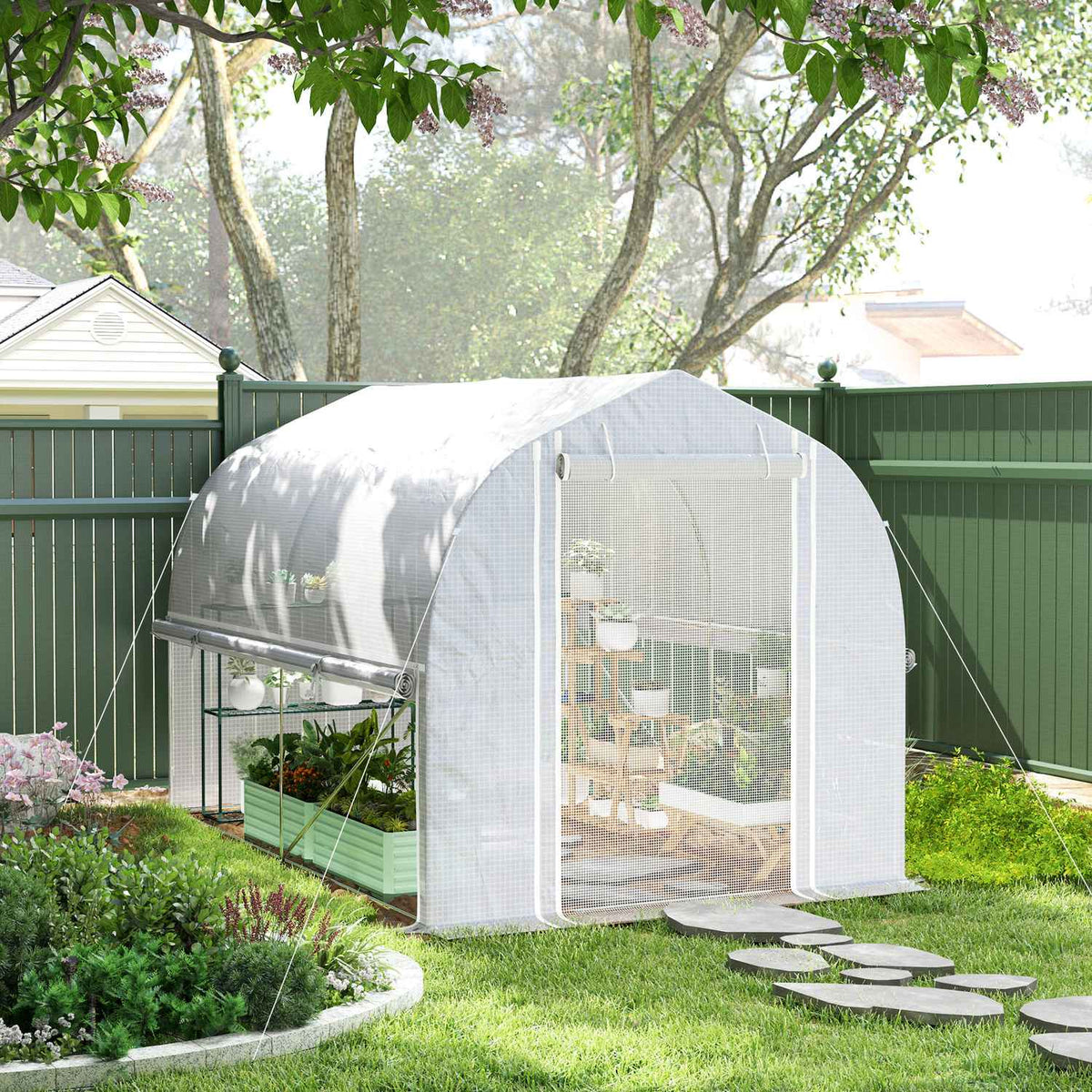 Greenhouse 3 x 2 x 2 m film greenhouse with 4 windows & door, roll-up side walls, UV-resistant film tunnel tomato house with galvanized steel frame, white