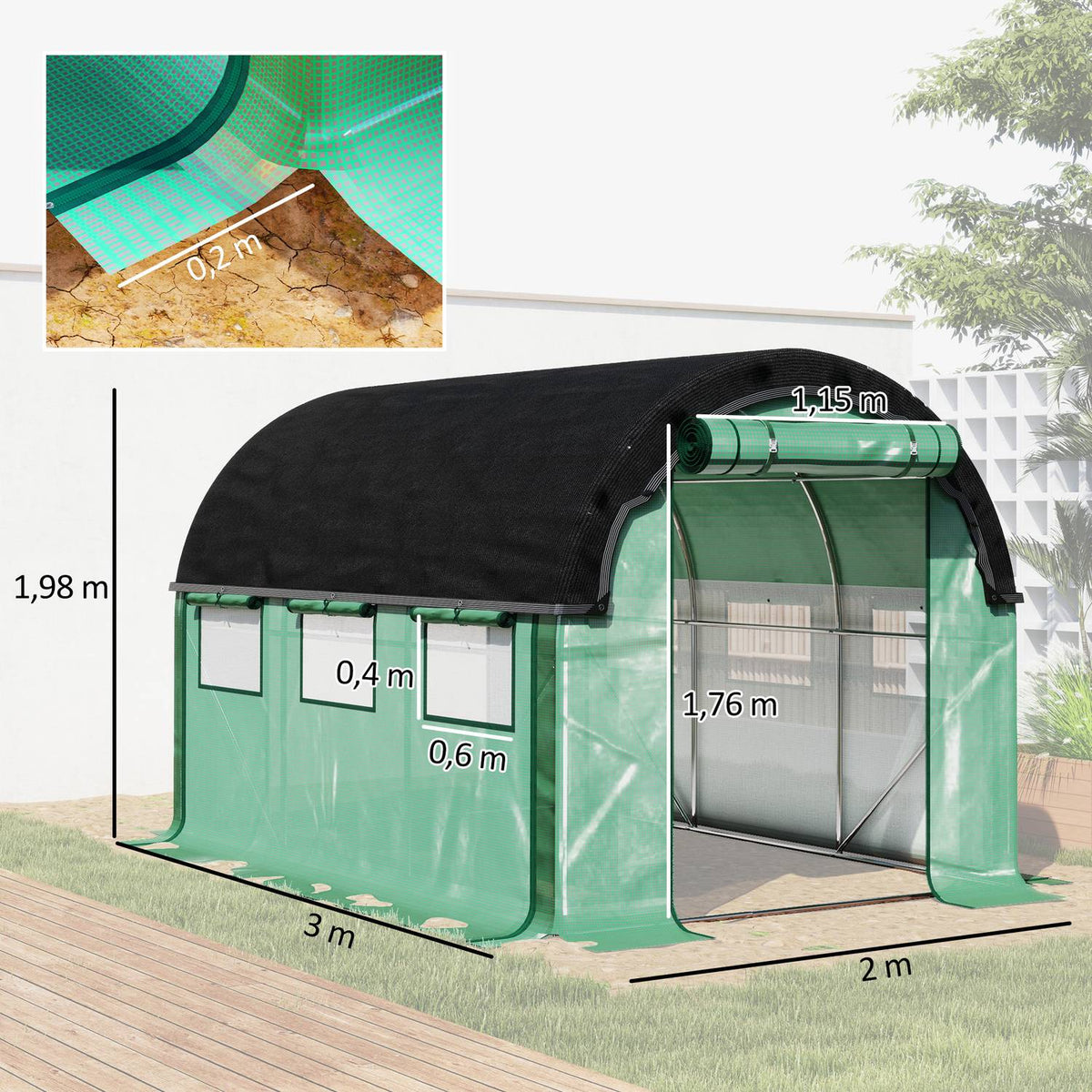 Greenhouse 3 x 2 x 2 m film greenhouse with 6 windows, roller doors, roll-up side walls, UV-resistant film tunnel, winterproof tomato house with ground anchor, green