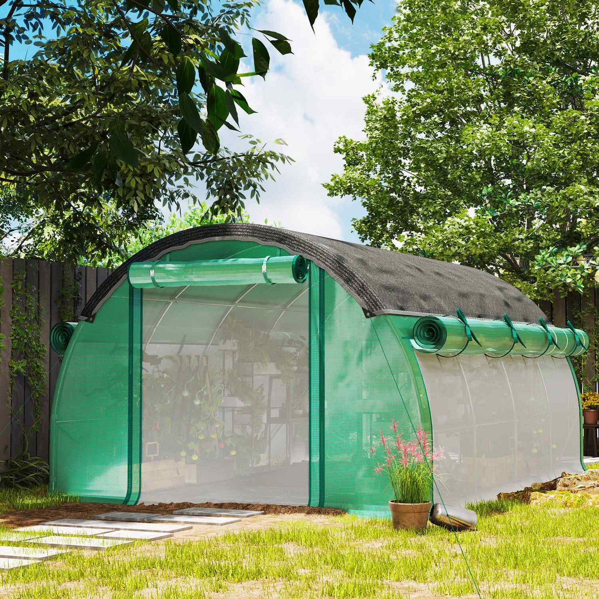 Greenhouse 4 x 3 x 2 m film greenhouse with 8 windows, roller doors, roll-up side walls, UV-resistant film tunnel, winterproof tomato house with ground anchor, green