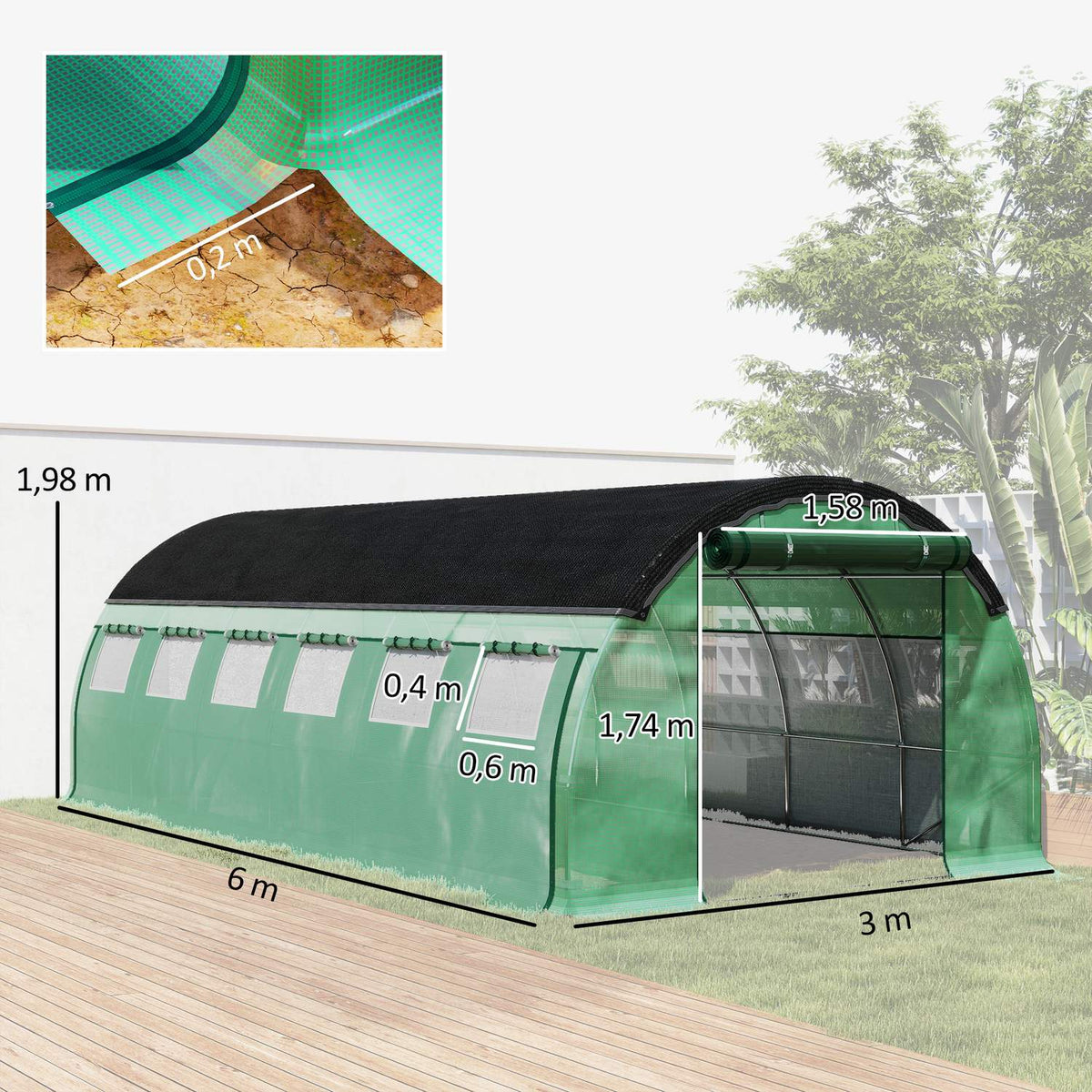 Greenhouse 6 x 3 x 2 m film greenhouse with 12 windows, roller doors, roll-up side walls, UV-resistant film tunnel, winterproof tomato house with ground anchor, green