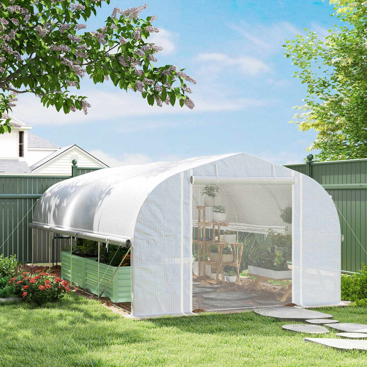 Greenhouse 6 x 3 x 2 m film greenhouse with 8 windows and doors, roll-up side walls, UV-resistant film tunnel, tomato house with galvanized steel frame, white