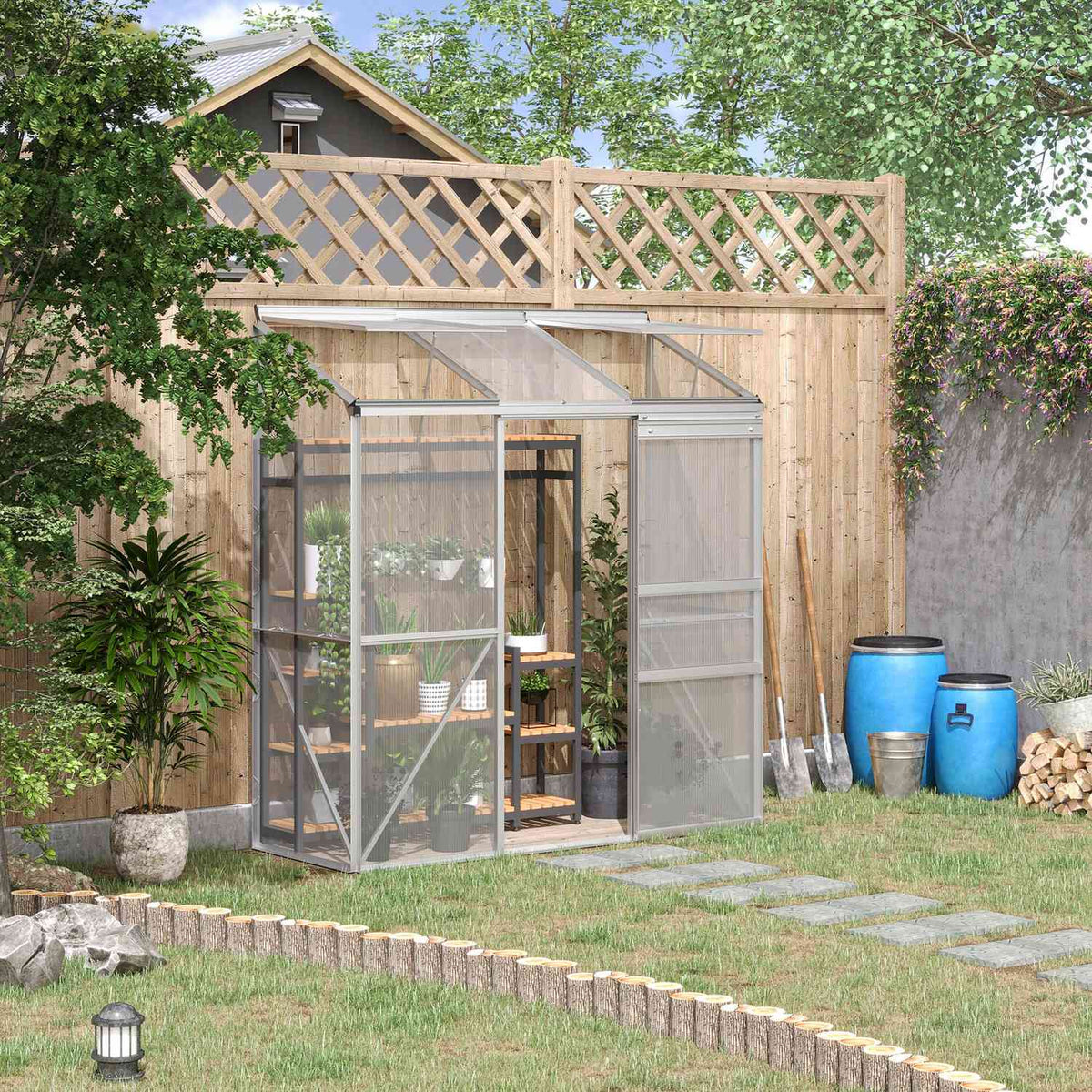 Greenhouse Tomato House Greenhouse with Sliding Door and Hinged Roof Windows Made of Polycarbonate and Aluminum Silver 192 x 68 x 196 cm for Garden Care