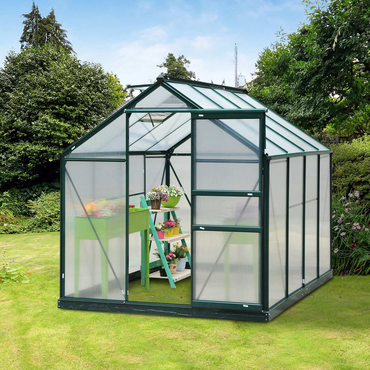 Greenhouse With Aluminum Frame Greenhouse With Skylight, Door, Foundation, Walk-In, Weather-Resistant, 190X252X201Cm