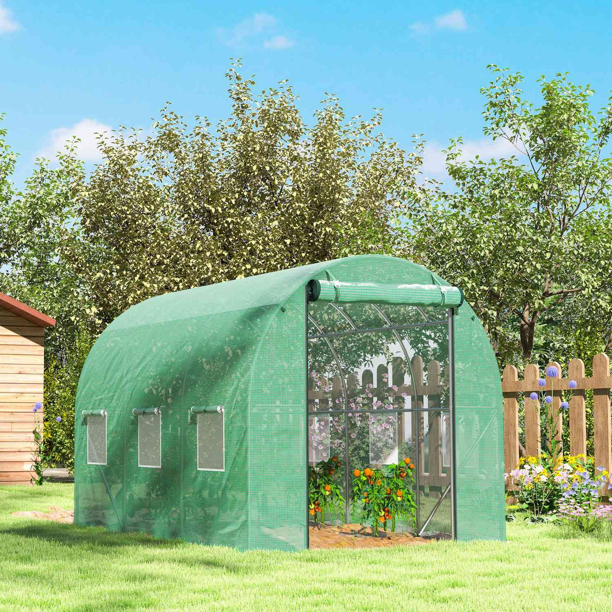 Greenhouse approx. 3 x 2 x 2 m film greenhouse with 6 windows, roller door, roll-up side walls, UV-resistant film tunnel, winterproof tomato house with ground anchor, green