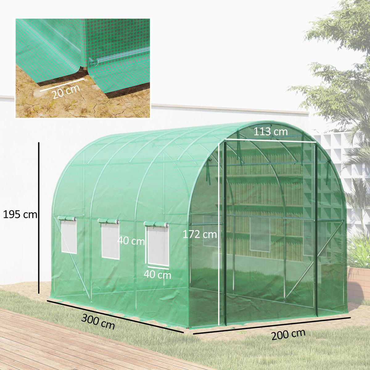 Greenhouse approx. 3 x 2 x 2 m film greenhouse with 6 windows, roller door, roll-up side walls, UV-resistant film tunnel, winterproof tomato house with ground anchor, green