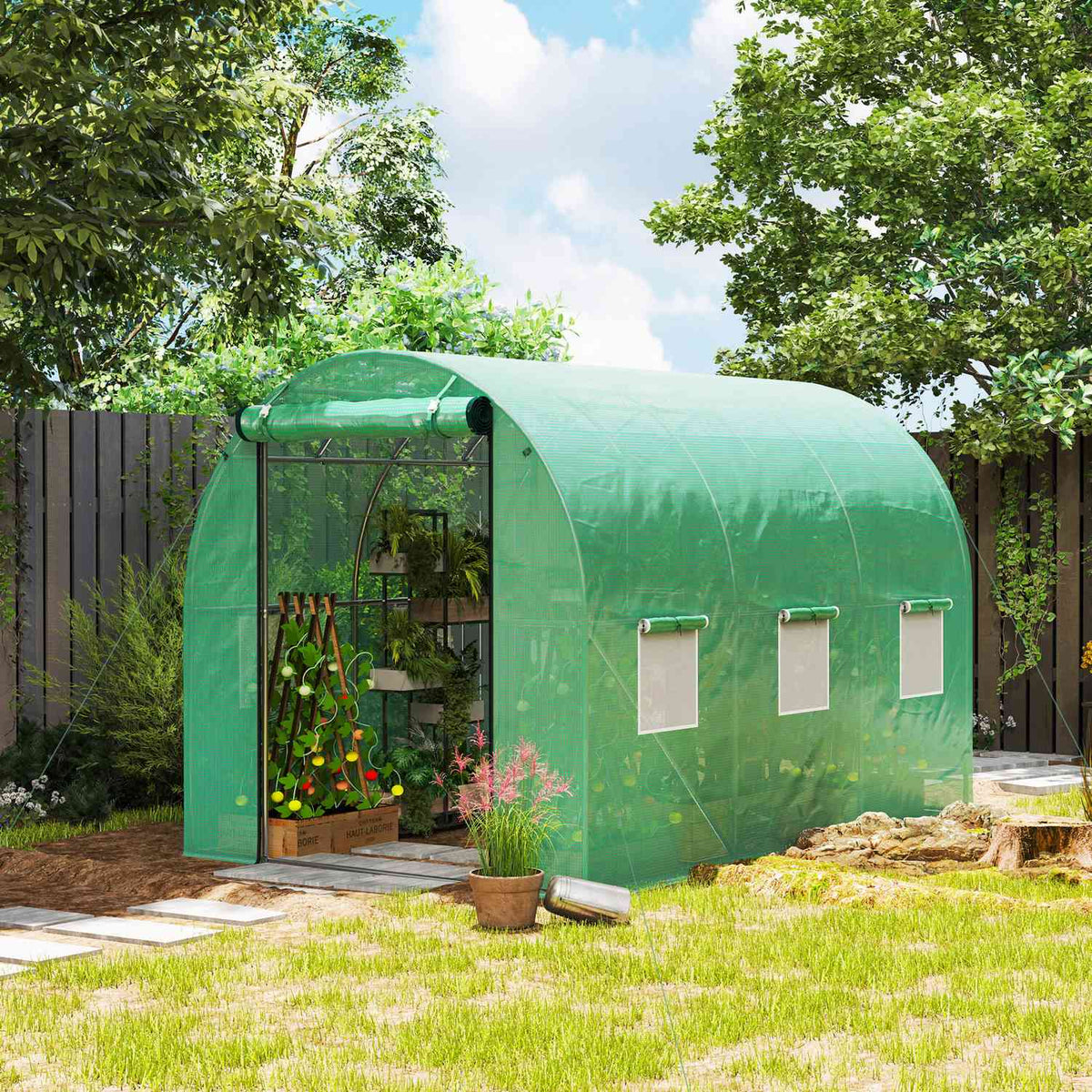 Greenhouse approx. 3 x 2 x 2 m film greenhouse with 6 windows, roller door, roll-up side walls, UV-resistant film tunnel, winterproof tomato house with ground anchor, green