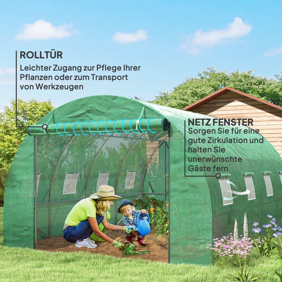 Greenhouse approx. 4 x 3 x 2 m film greenhouse with 8 windows, roller door, roll-up side walls, UV-resistant film tunnel, winterproof tomato house with ground anchor, green