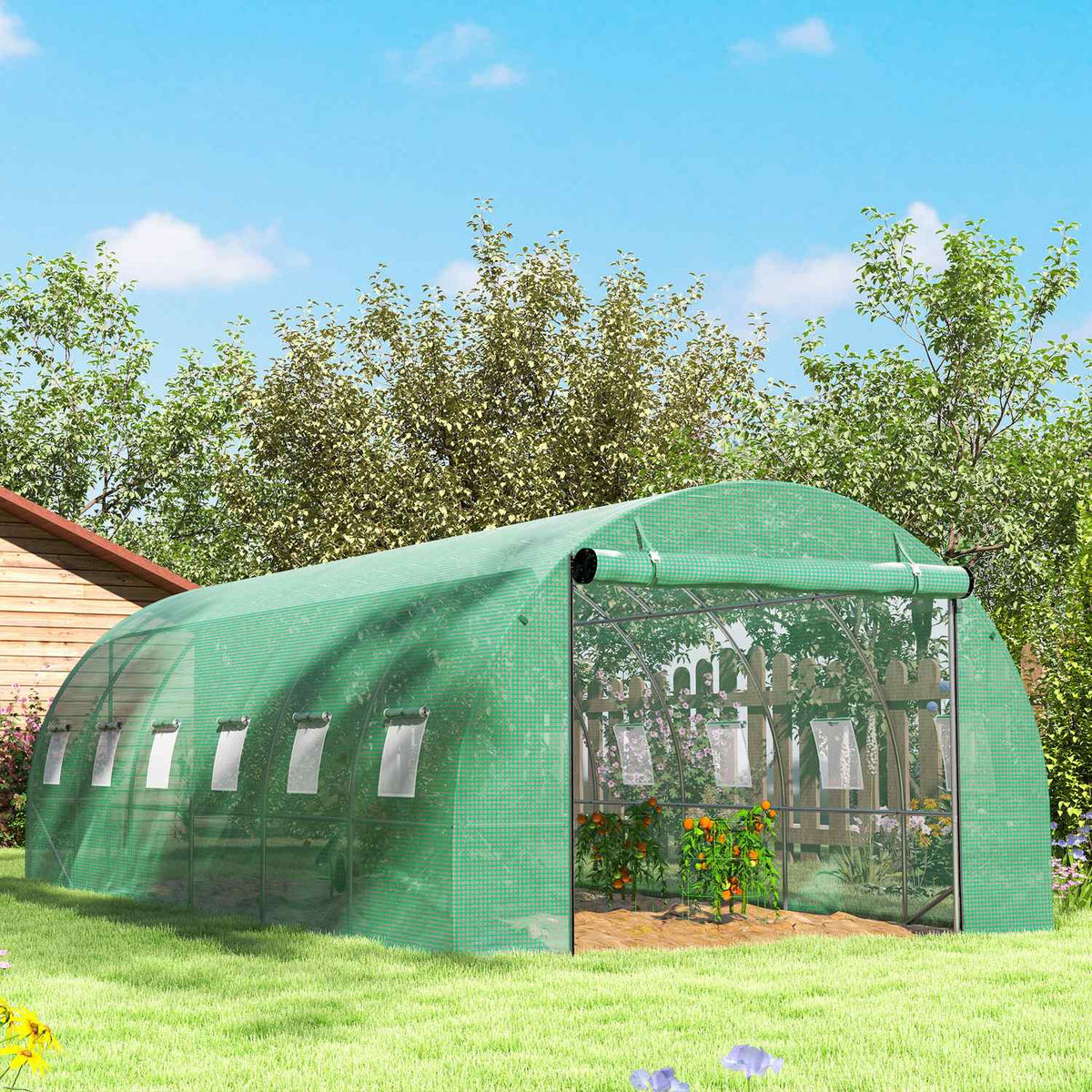 Greenhouse approx. 6 x 3 x 2 m film greenhouse with 12 windows, roller door, roll-up side walls, UV-resistant film tunnel, winterproof tomato house with ground anchor, green