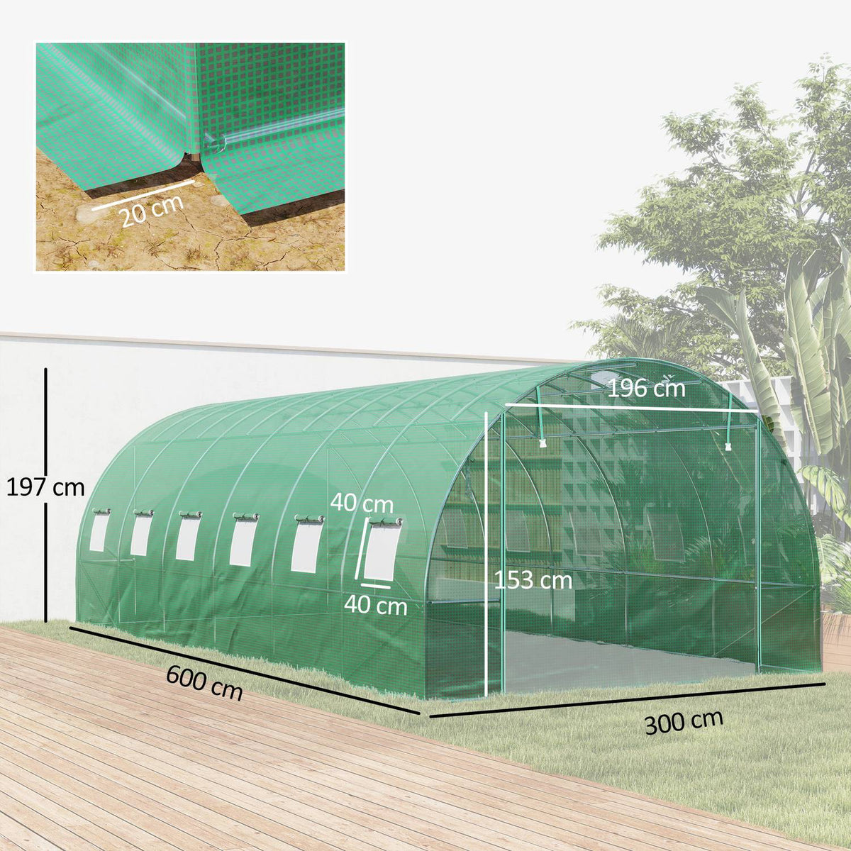 Greenhouse approx. 6 x 3 x 2 m film greenhouse with 12 windows, roller door, roll-up side walls, UV-resistant film tunnel, winterproof tomato house with ground anchor, green