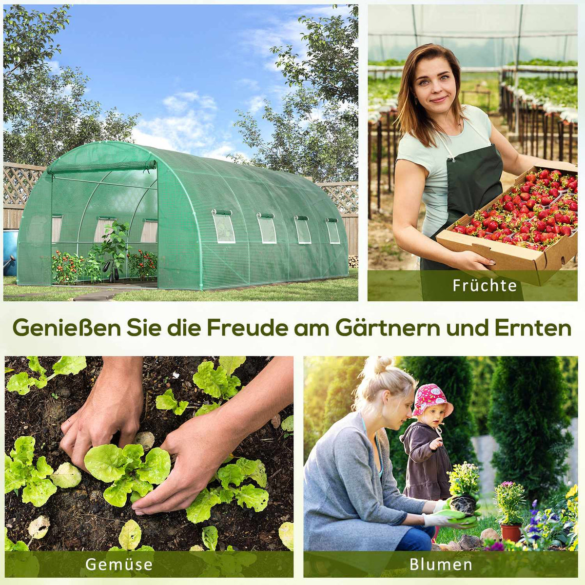 Greenhouse approx. 6 x 3 x 2 m film greenhouse with 8 windows, roller door, roll-up side walls, UV-resistant film tunnel, winterproof tomato house with ground anchor, green