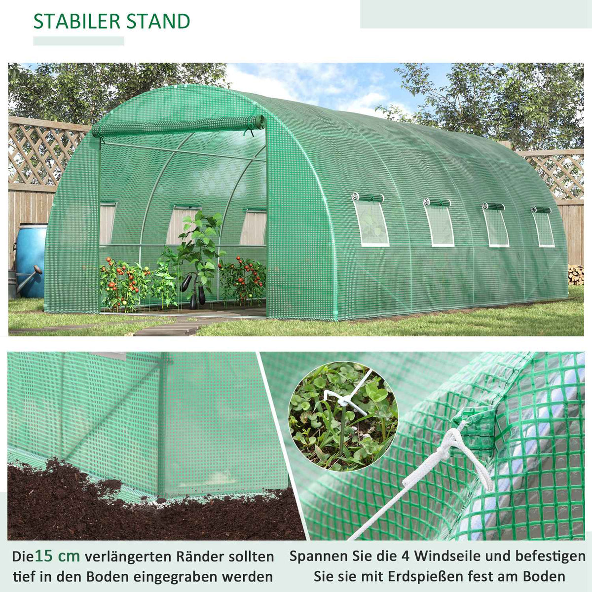 Greenhouse approx. 6 x 3 x 2 m film greenhouse with 8 windows, roller door, roll-up side walls, UV-resistant film tunnel, winterproof tomato house with ground anchor, green