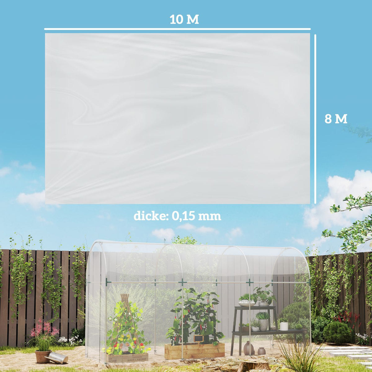 Greenhouse film 8x10 m waterproof garden film with UV protection, extra thick tear-resistant film made of plastic, tarpaulin for greenhouse polytunnel, tunnel film for outdoor use, transparent
