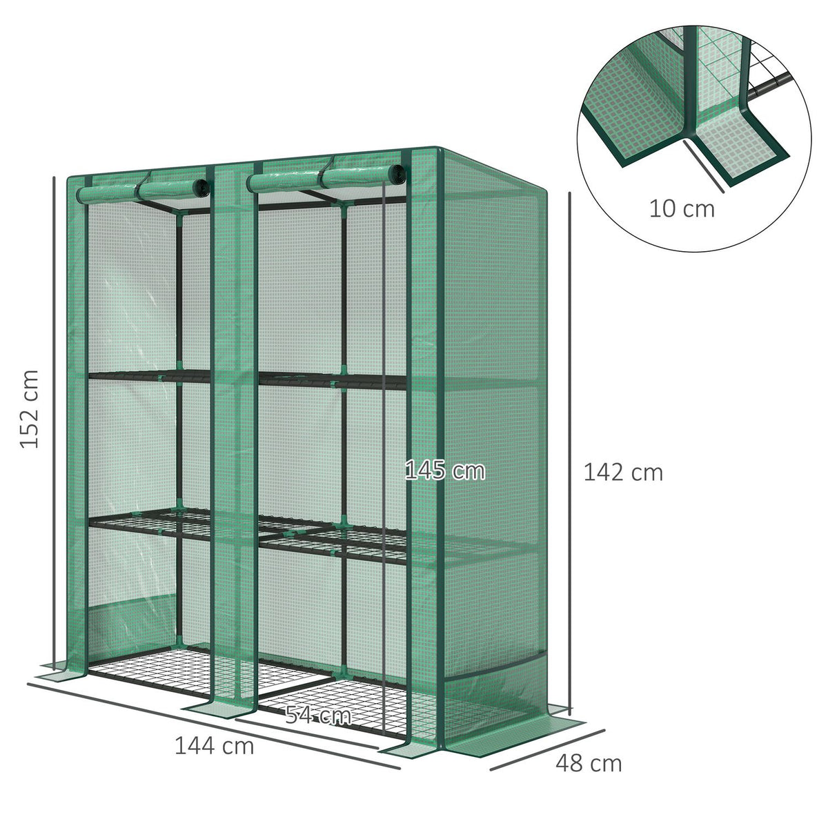 Greenhouse with pent roof, double door, shelves, winterproof foil greenhouse made of steel, greenhouse for balcony, garden, tomato house 144 x 48 x 152 cm, tomato greenhouse for tomatoes, vegetables, green