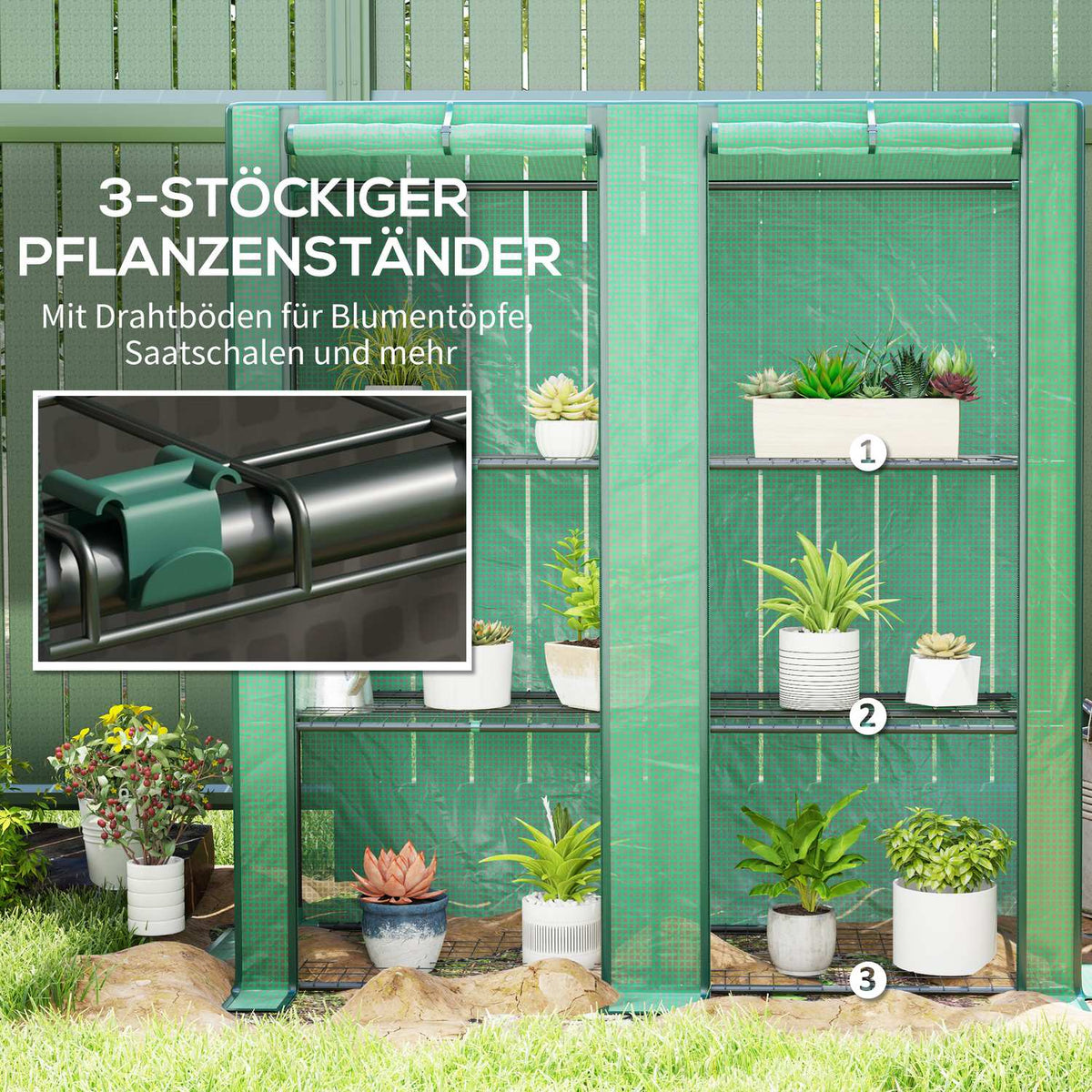 Greenhouse with pent roof, double door, shelves, winterproof foil greenhouse made of steel, greenhouse for balcony, garden, tomato house 144 x 48 x 152 cm, tomato greenhouse for tomatoes, vegetables, green