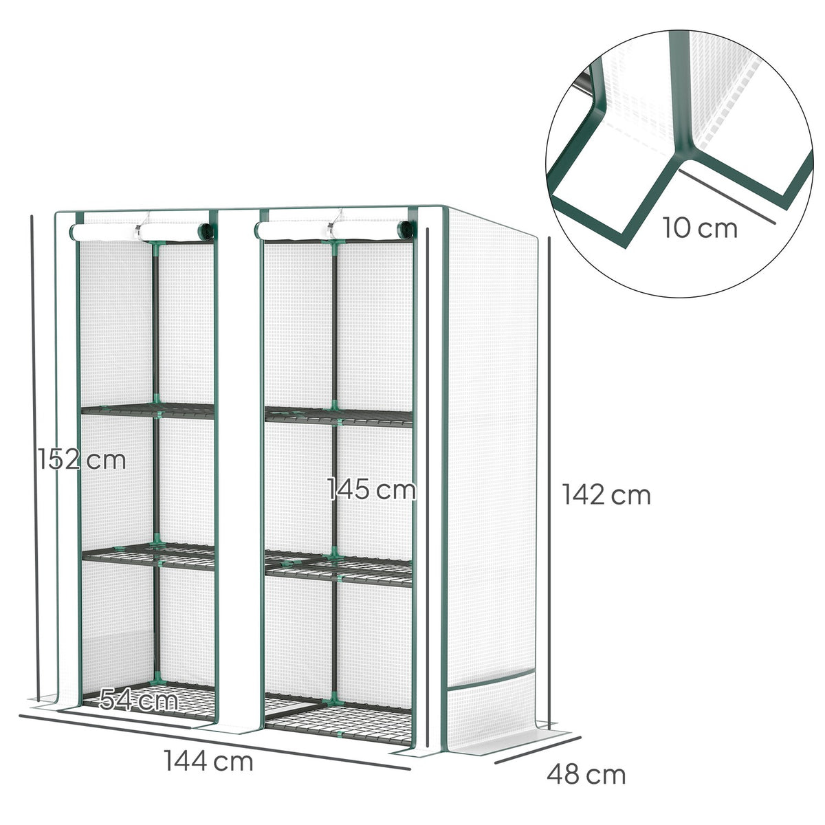 Greenhouse with pent roof, double door, shelves, winterproof foil greenhouse made of steel, greenhouse for balcony, garden, tomato house 144 x 48 x 152 cm, tomato greenhouse for tomatoes, vegetables, white