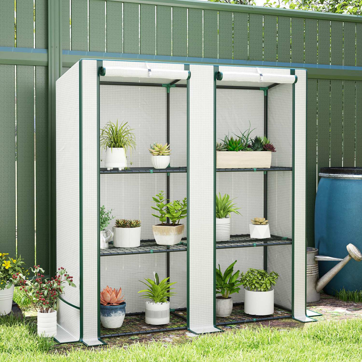 Greenhouse with pent roof, double door, shelves, winterproof foil greenhouse made of steel, greenhouse for balcony, garden, tomato house 144 x 48 x 152 cm, tomato greenhouse for tomatoes, vegetables, white
