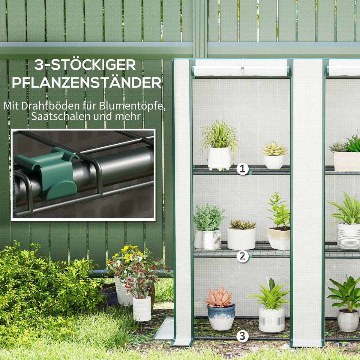 Greenhouse with pent roof, double door, shelves, winterproof foil greenhouse made of steel, greenhouse for balcony, garden, tomato house 144 x 48 x 152 cm, tomato greenhouse for tomatoes, vegetables, white