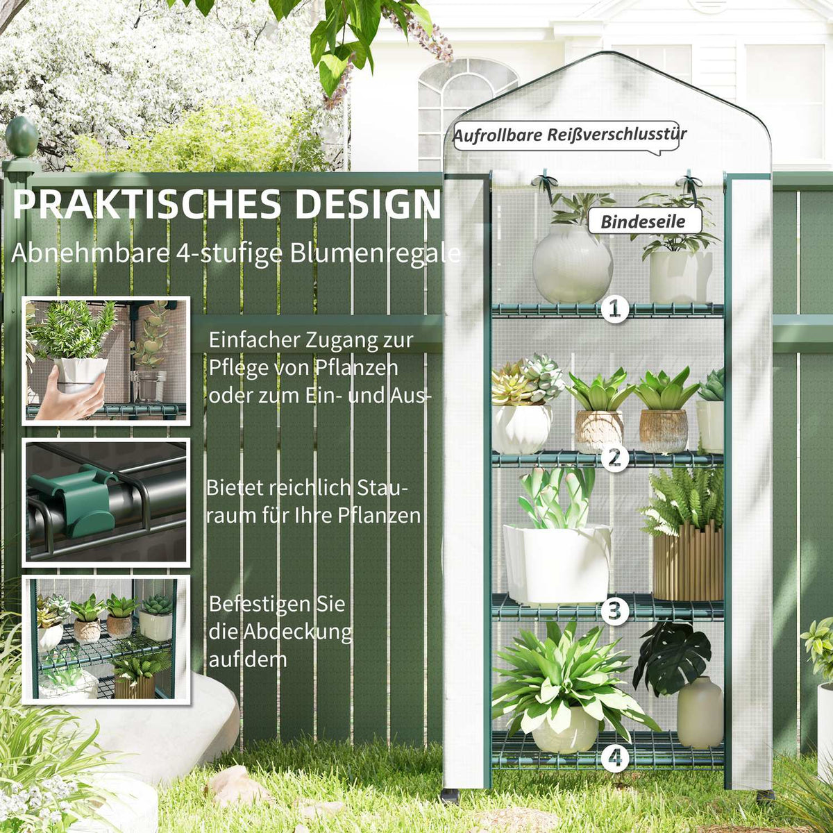 Greenhouse with roller, shelves, winterproof foil greenhouse made of steel, greenhouse for balcony, garden, tomato house 69 x 50 x 165 cm, tomato greenhouse for tomatoes, flowers, plants, white
