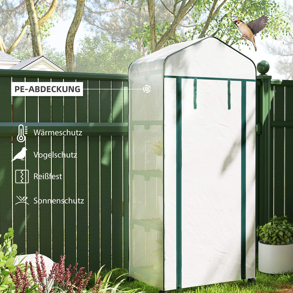Greenhouse with roller, shelves, winterproof foil greenhouse made of steel, greenhouse for balcony, garden, tomato house 69 x 50 x 165 cm, tomato greenhouse for tomatoes, flowers, plants, white