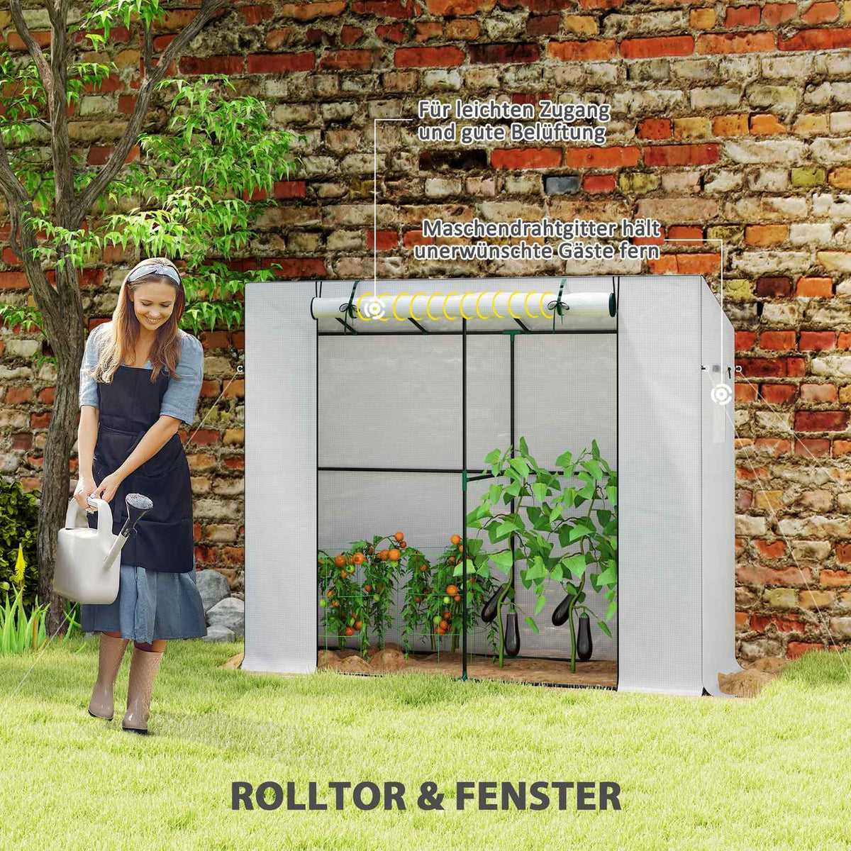 Greenhouse with rolling door, 2 windows, winterproof film greenhouse made of steel, greenhouse for balcony, garden, tomato house with UV protection 200x76x170cm tomato greenhouse for vegetables flowers, white