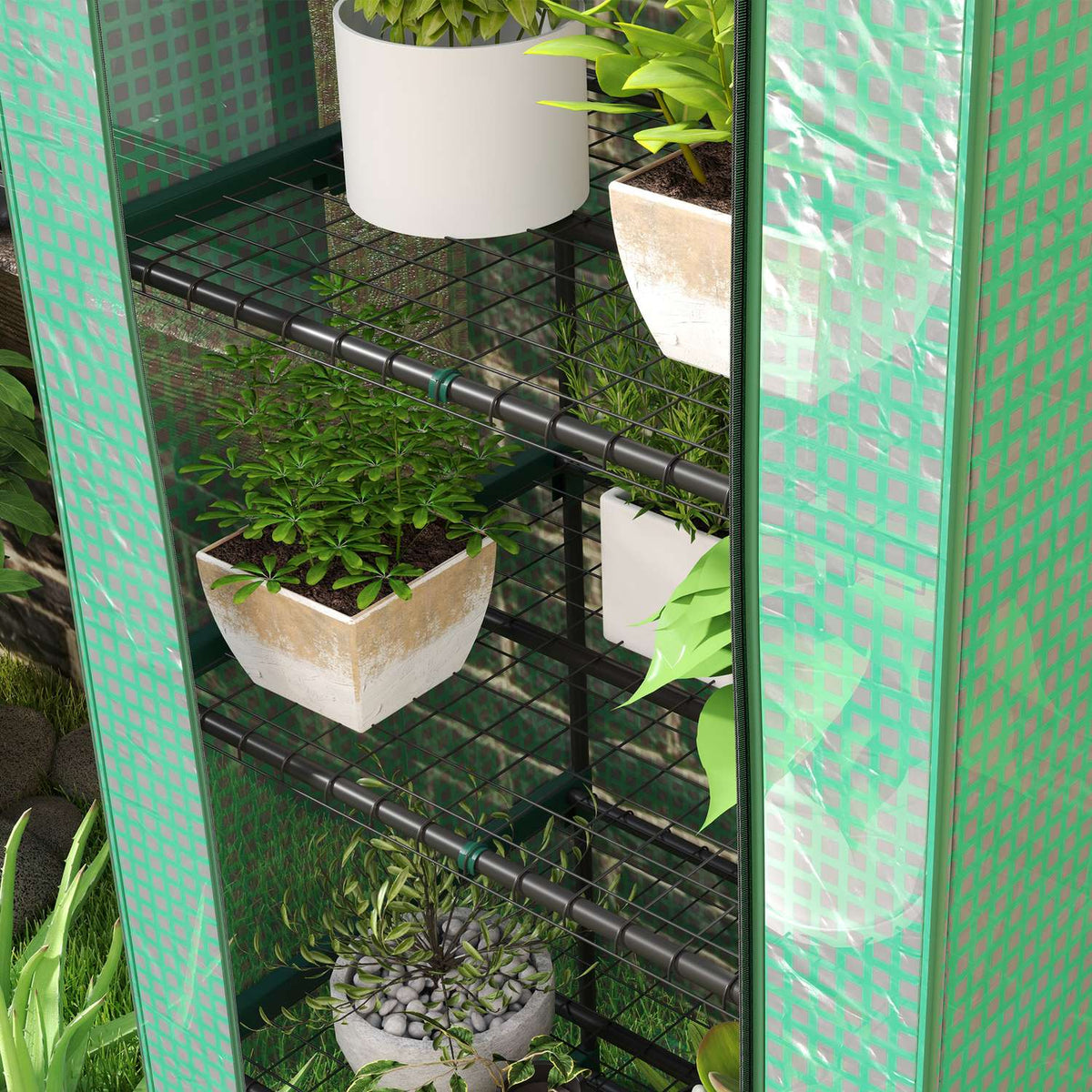 Greenhouse with rolling door, shelves, winterproof foil greenhouse made of steel, greenhouse for balcony, garden, tomato house 69 x 49 x 193 cm, tomato greenhouse for tomatoes, vegetables, flowers, green