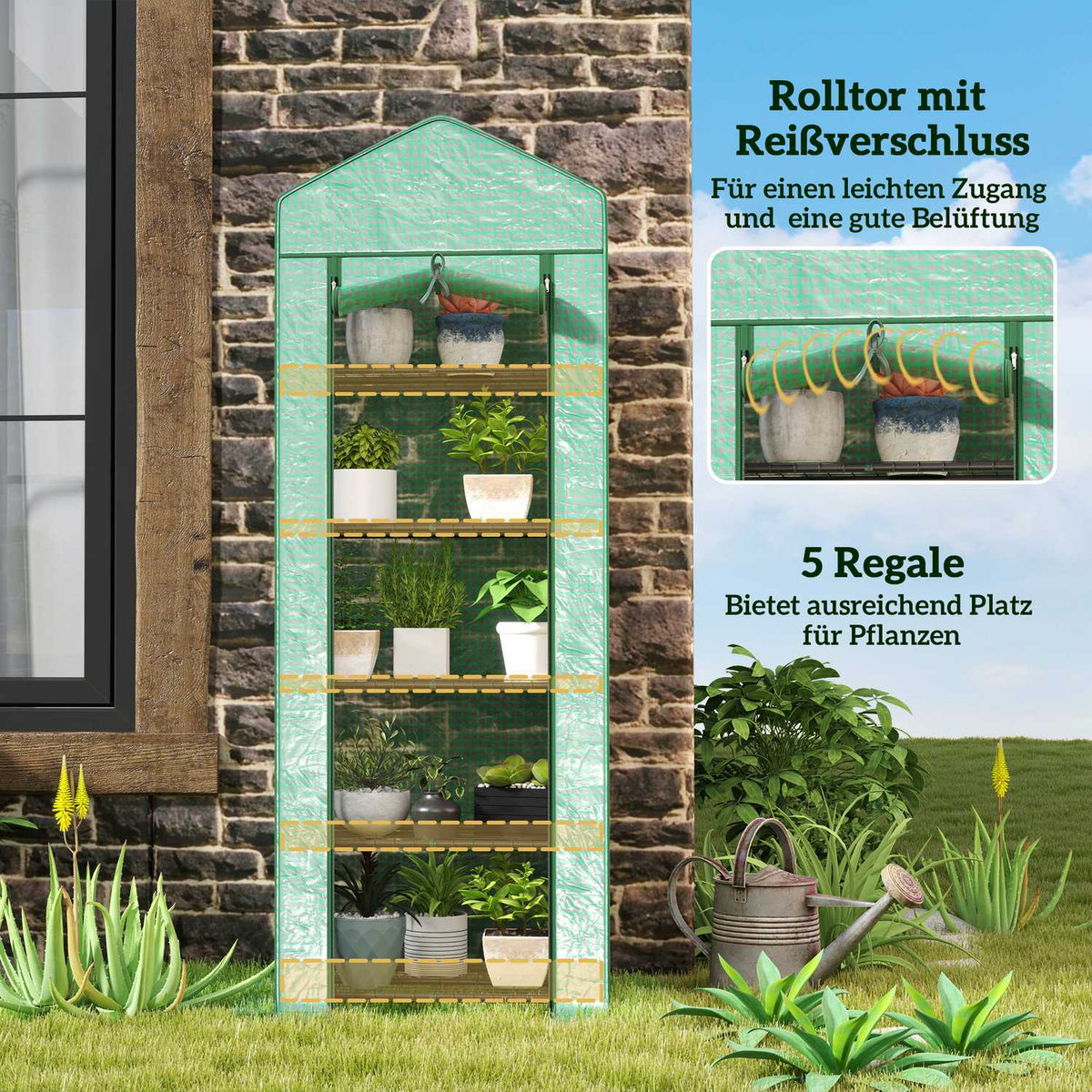 Greenhouse with rolling door, shelves, winterproof foil greenhouse made of steel, greenhouse for balcony, garden, tomato house 69 x 49 x 193 cm, tomato greenhouse for tomatoes, vegetables, flowers, green