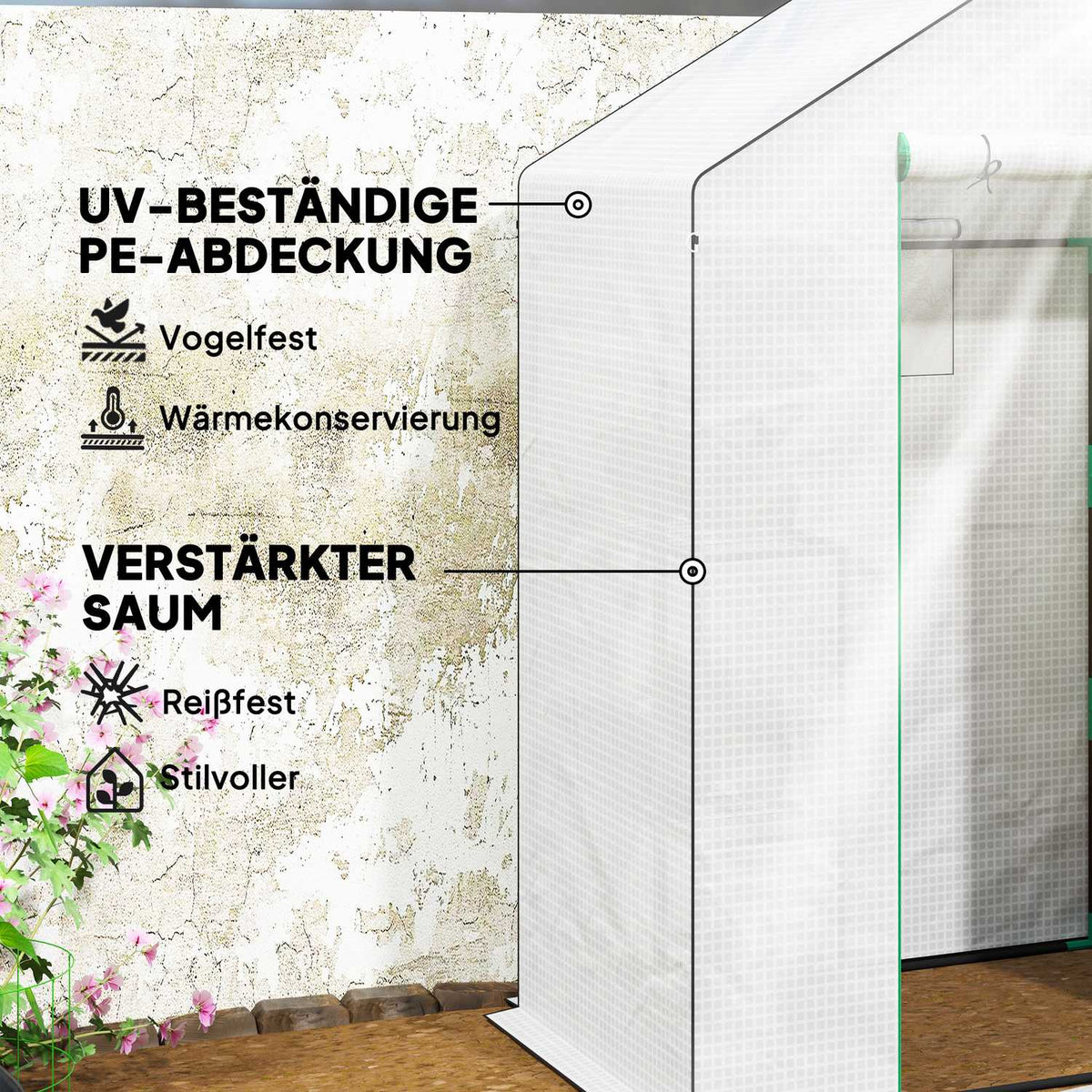 Greenhouse with rolling door, windows, shelves, winterproof steel foil greenhouse, greenhouse for balcony, garden, tomato house 143 x 74 x 190 cm, tomato greenhouse for tomatoes, vegetables, white
