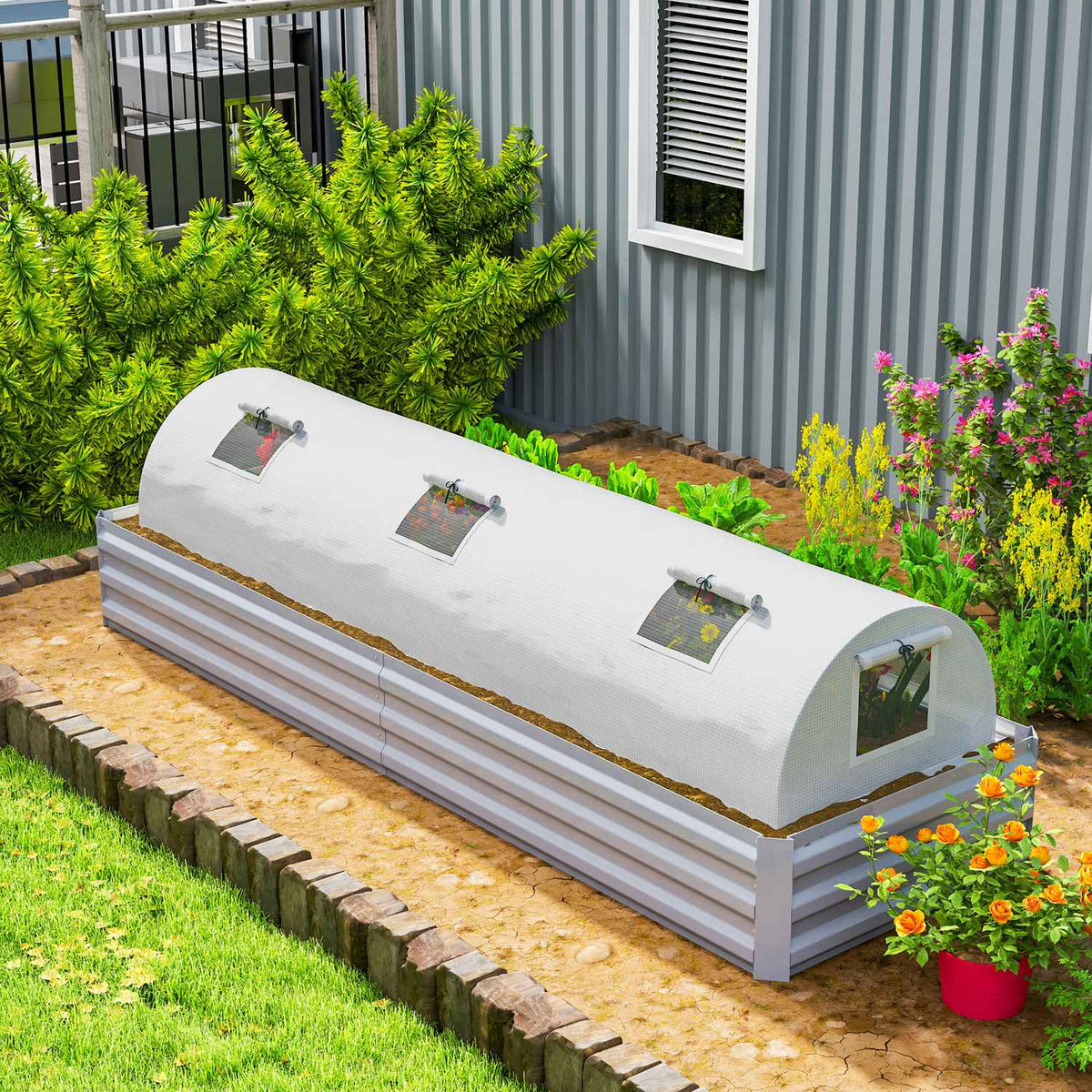 Greenhouse with roll-up window, round roof, winter-proof, foil greenhouse made of steel, water-repellent, greenhouse for balcony, tomato house with UV protection, 300 x 80 x 45 cm, tomato greenhouse for vegetables, green