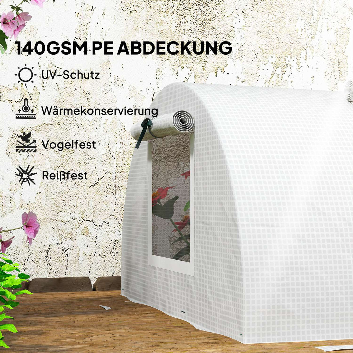 Greenhouse with roll-up window, round roof, winter-proof, foil greenhouse made of steel, water-repellent, greenhouse for balcony, tomato house with UV protection, 300 x 80 x 45 cm, tomato greenhouse for vegetables, green